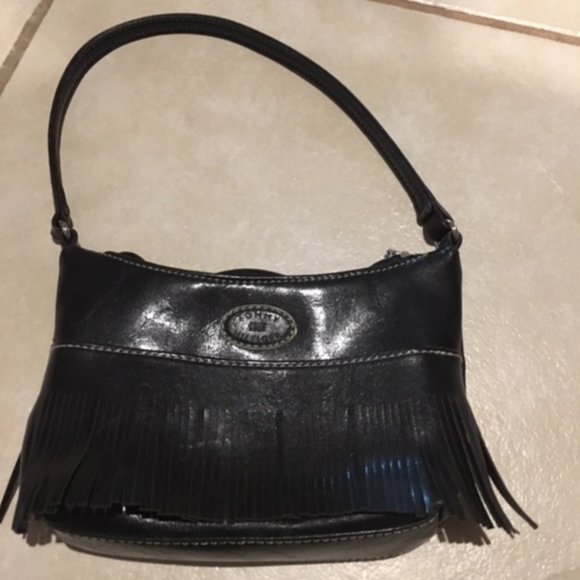 ✨HP✨Tommy Hilfiger Black Leather Fringed Mini Bag Satchel 7.5"x4.5" - Picture 7 of 16